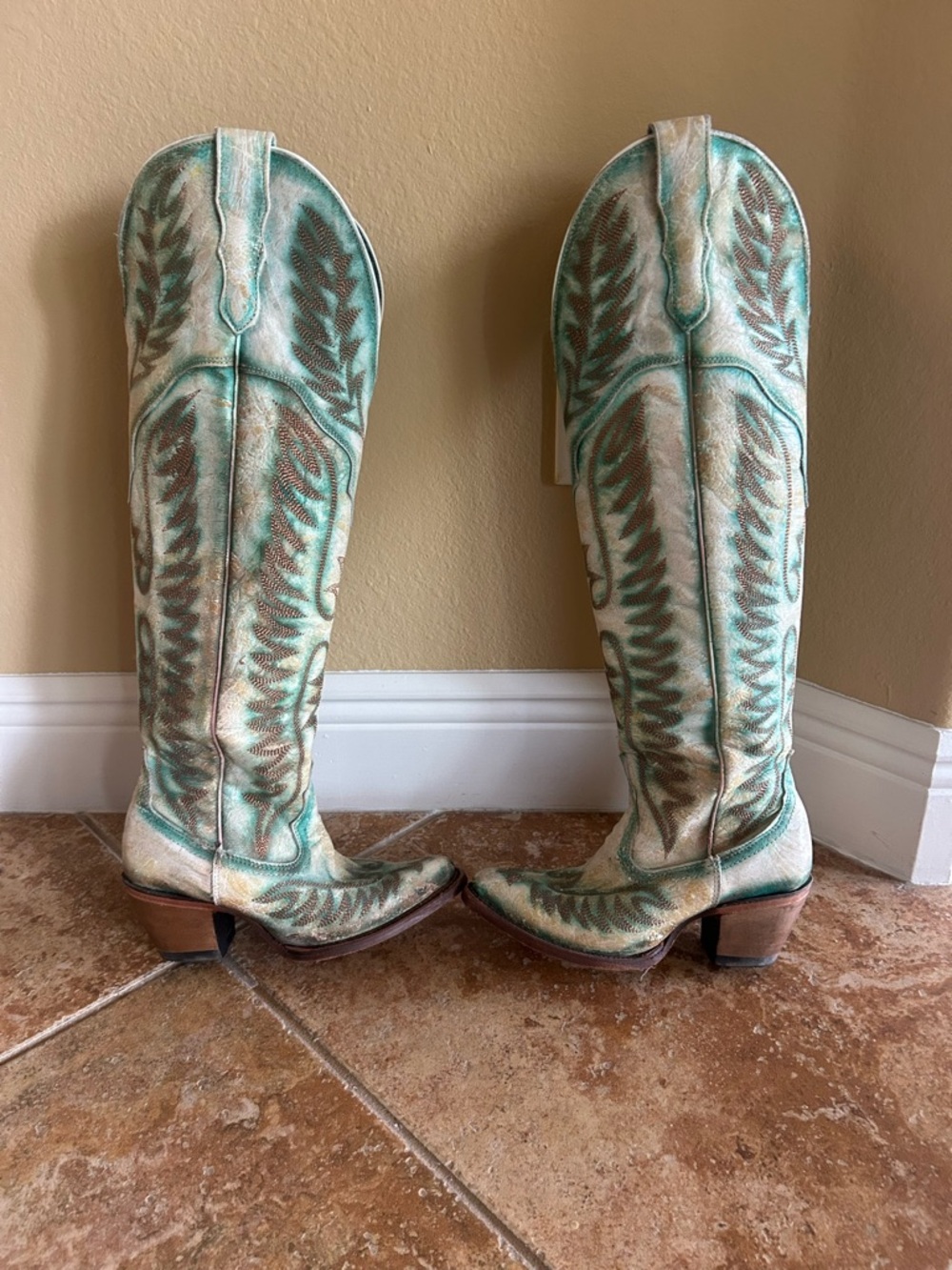 Corral Distressed Leather Turquoise & Brown Over-the-Knee Western Boots Size 6